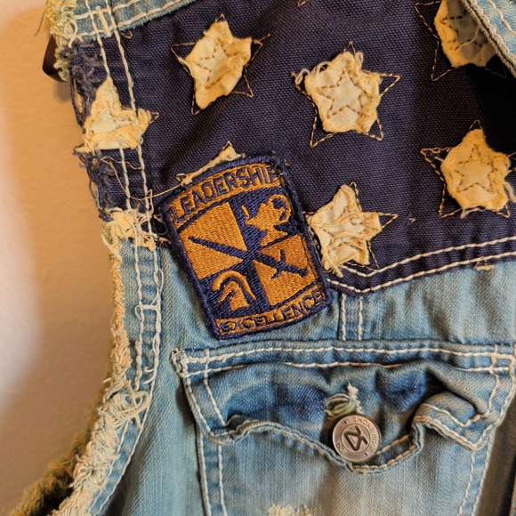 Smoke Rise Denim Vest Women Small Light Blue Distressed American Flag Patches - Picture 4 of 8